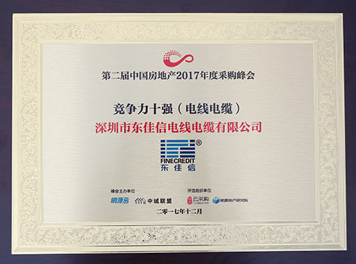 祝贺东佳信电线电缆荣获“中国房地产2017年度供应商行业竞争力前10强”