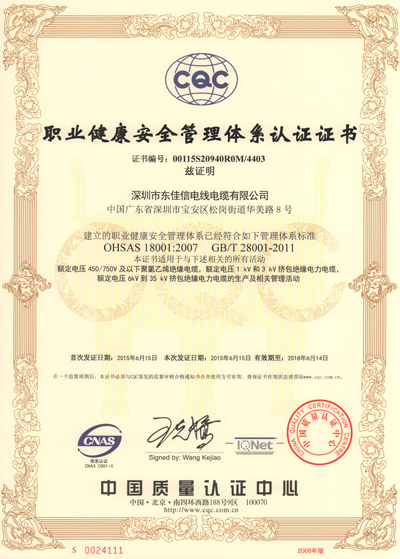 职业健康安全管理体系证书中文正本